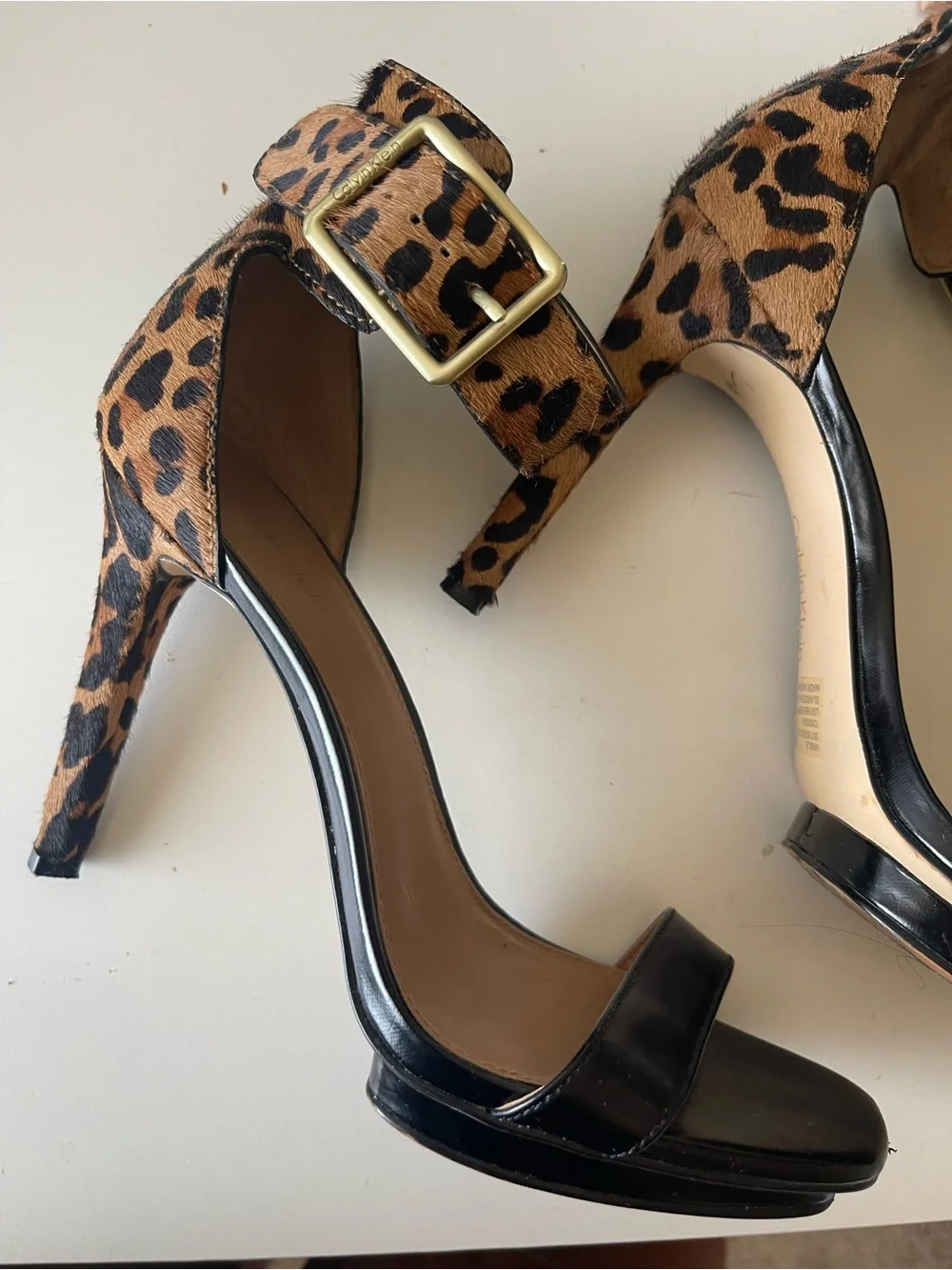 Calvin Klein Black Patent & Leopard Ankle-Strap Heels